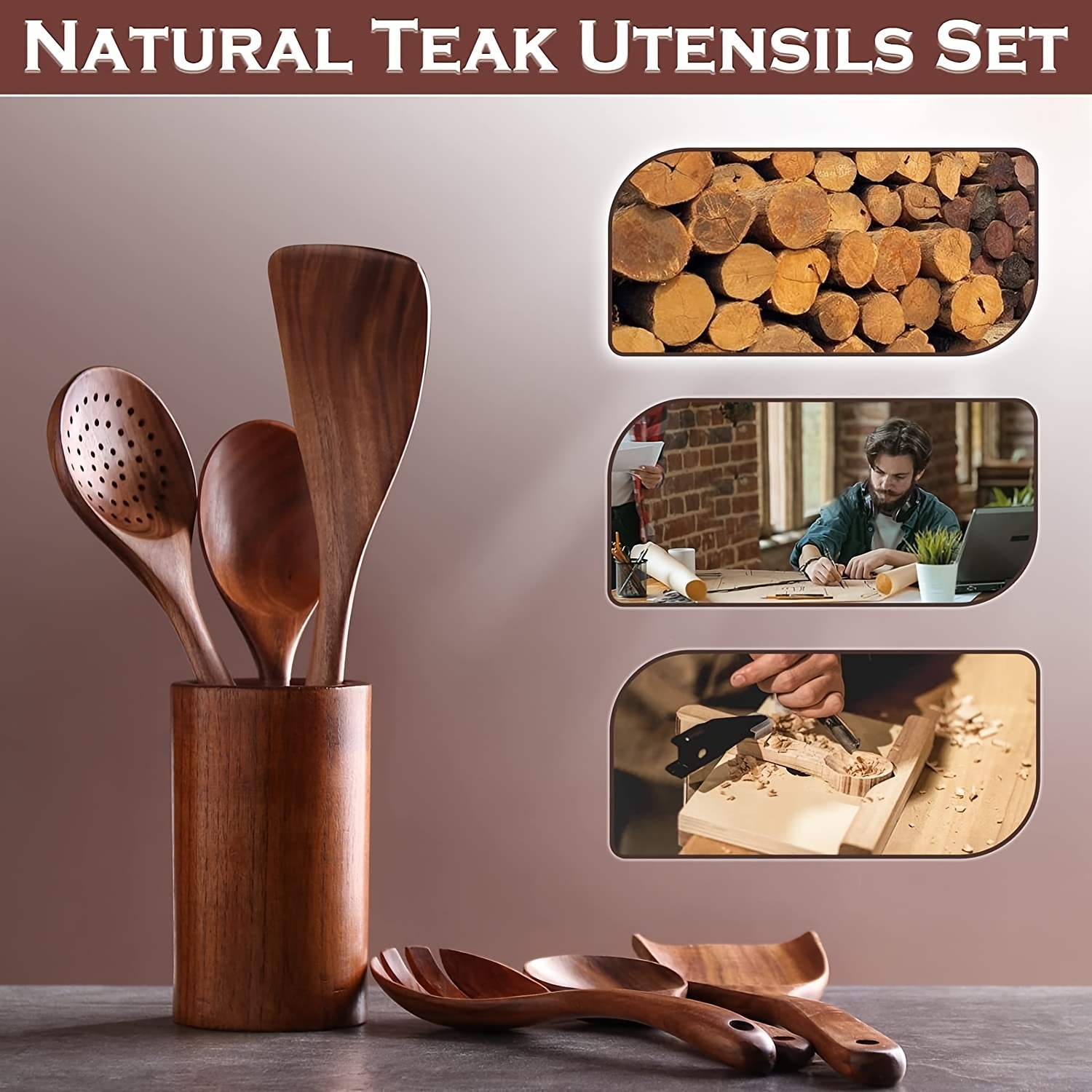 Juego de utensilios de cocina de madera de teca natural de 9 piezas con  soporte para cucharas - Cucharas de cocina y soporte para utensilios de  agarre