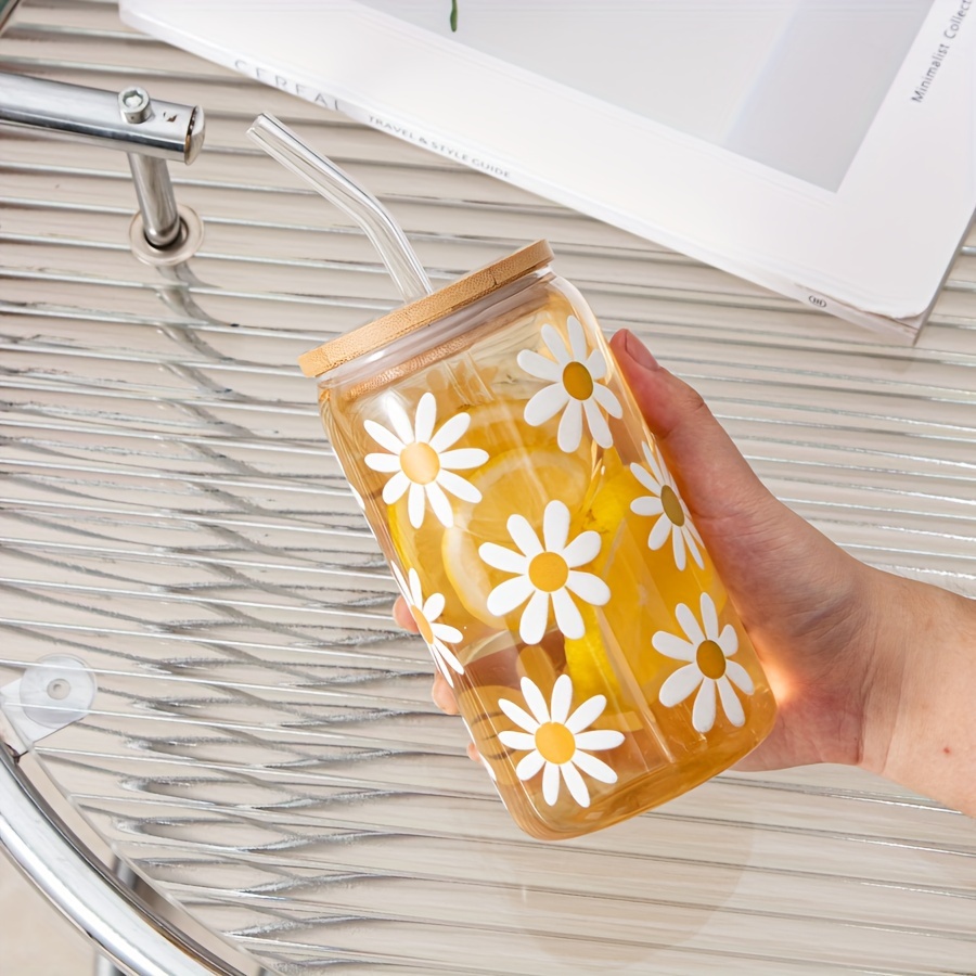 

1pc Ice Coffee Cup With Bamboo Lid And Glass Straw, High Borosilicate Glass Cup, 16oz Daisy Flower Printed Can Glasses