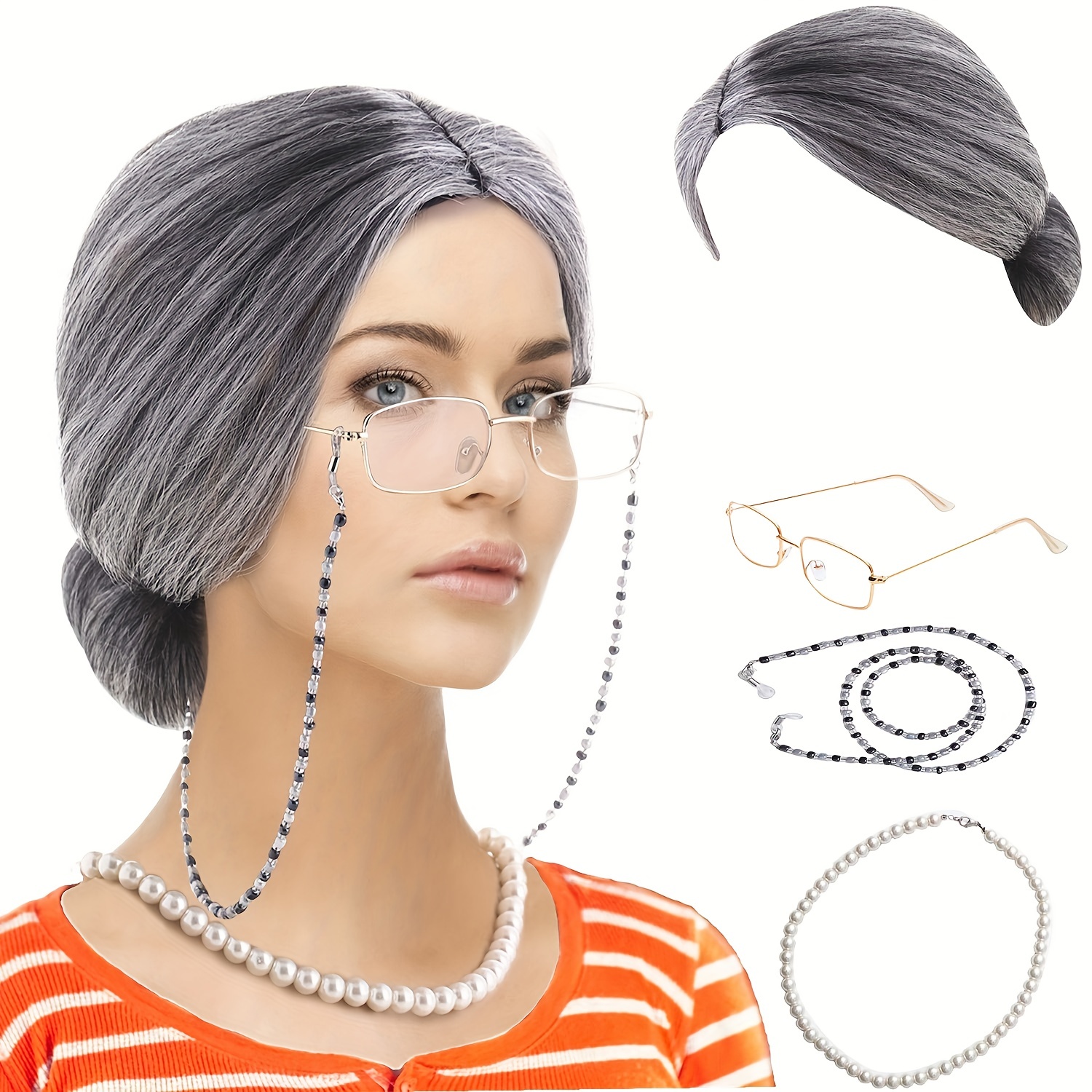 Old Lady Costume Set grandmother Wig Synthetic Wig - Temu