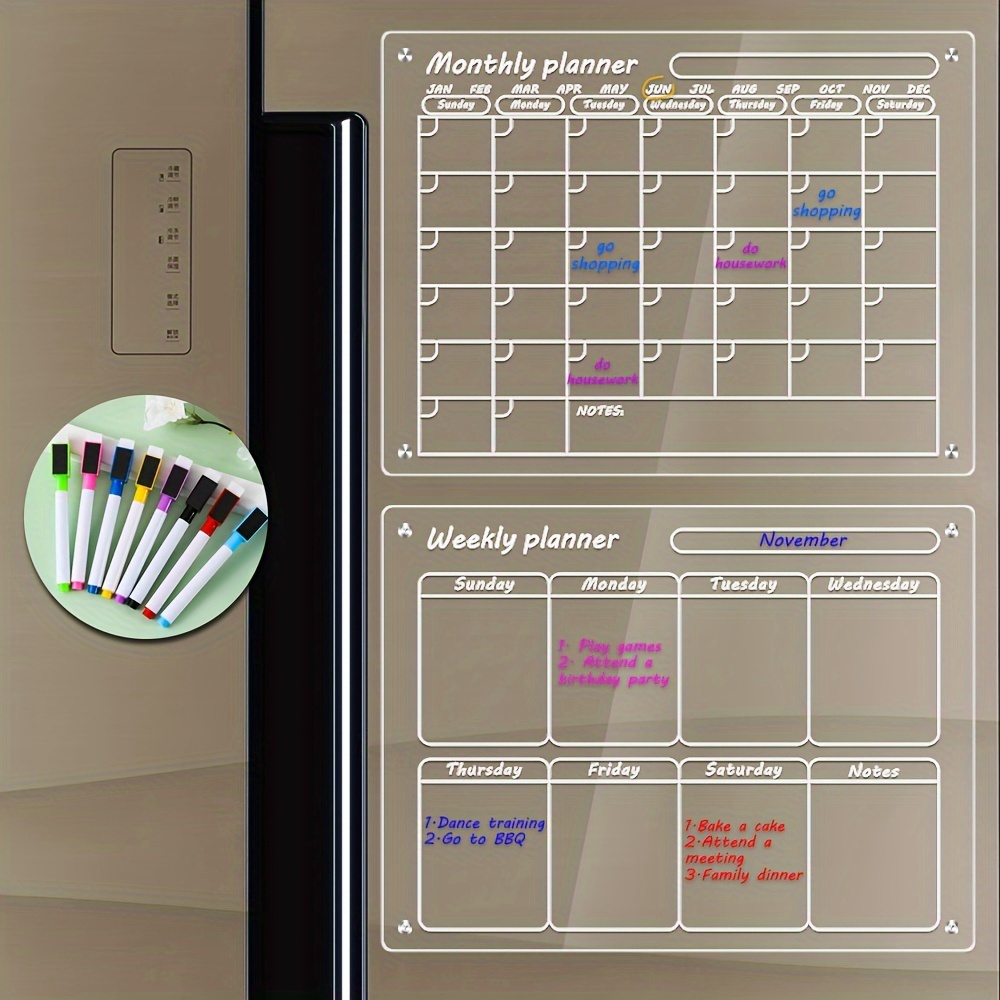 VOgHJA VOG-YK04 Acrylic Calendar for Fridge - 2 Set Magnetic Fridge Calendar  Weekly Board Includes 12 Markers 12 Colors,16x12 Magnetic Calenda