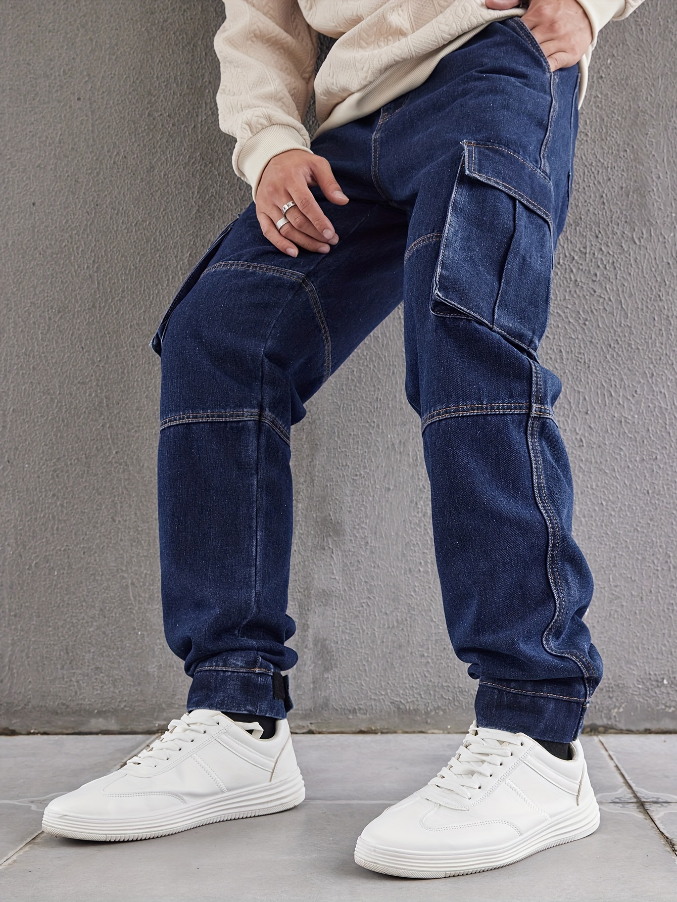 Loose Fit Flap Pocket Jeans Men's Casual Street Style Denim - Temu
