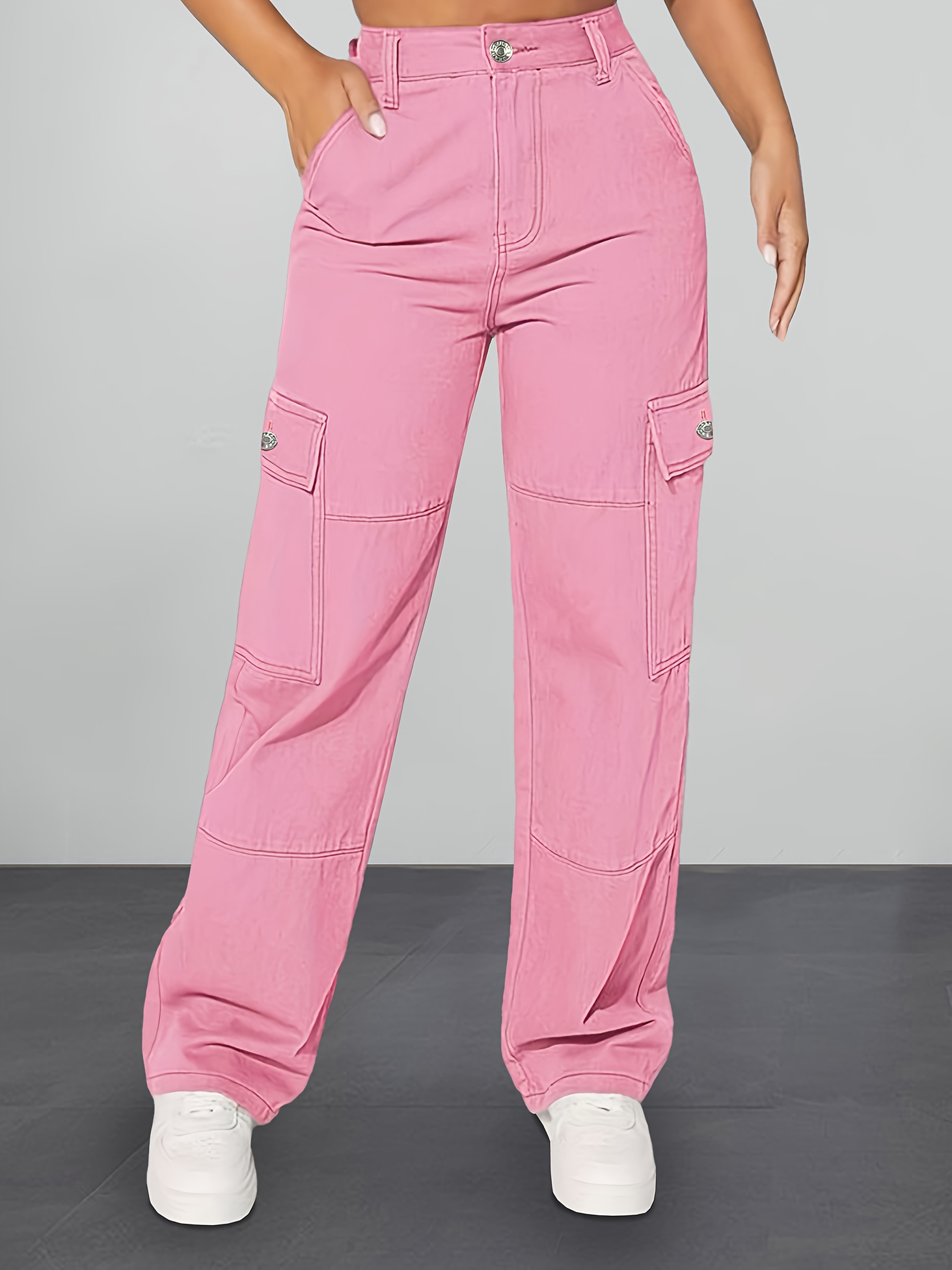 Multi-pocket Solid Color Cargo Jeans, Side Flap Pocket High * Loose Denim  Pants, Kpop Y2K, Women's Denim Jeans & Clothing