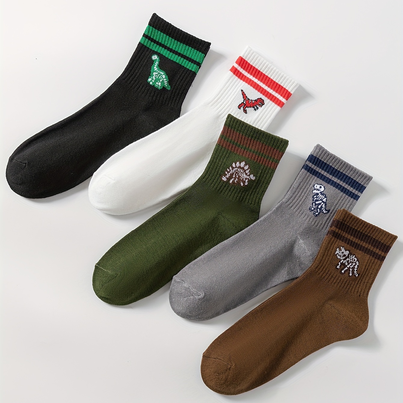 

5 Pairs Dinosaur Print Striped Socks, Comfy & Breathable Mid Tube Socks, Women's Stockings & Hosiery