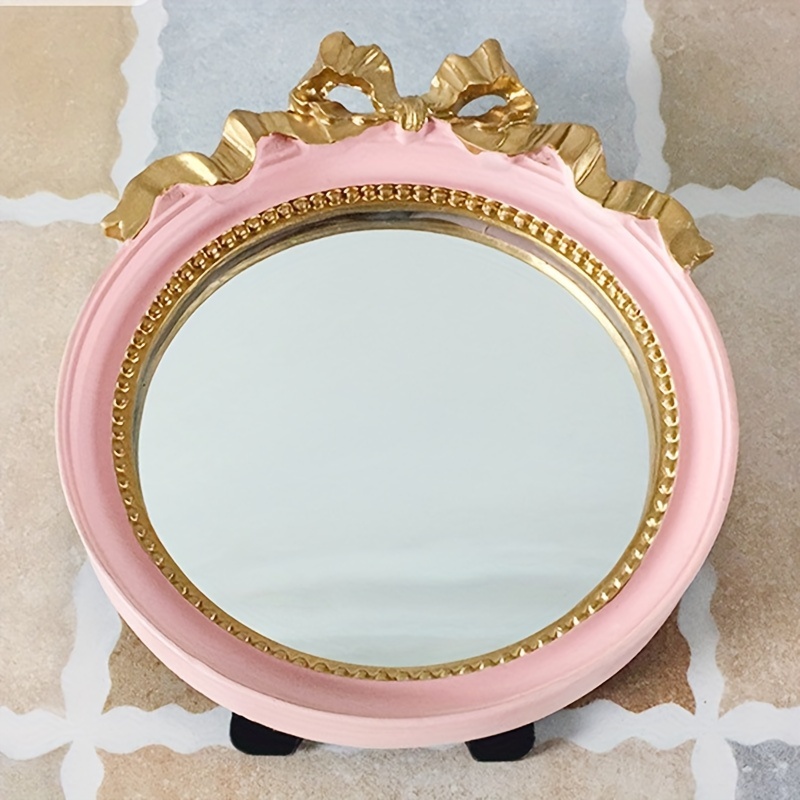 Round Makeup Mirror, Vintage Bow Decorative Mirror, Wall Mounted Mirror  with Wooden Frame for Living Room, Girls Bedroom, Bathroom (Color :  Champagne