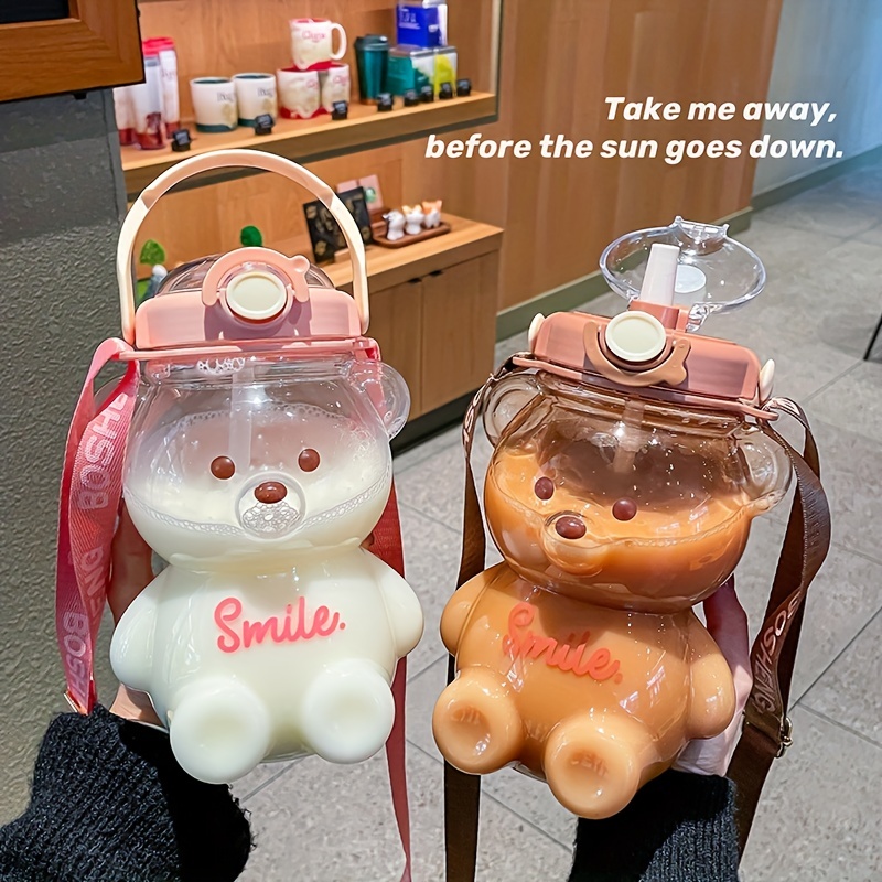 Cute Bear Water Bottle With Straw And Lanyard Perfect For - Temu