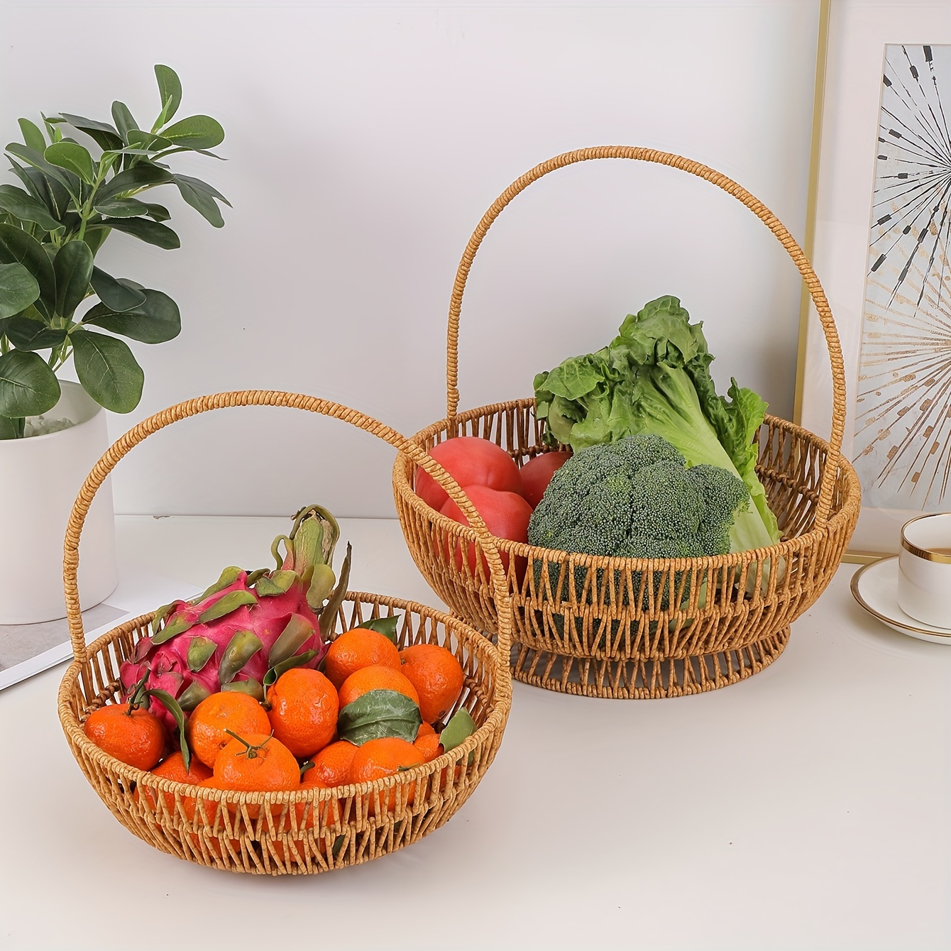 Picnic baskets. Wicker containers with fruit, vegetables, bread