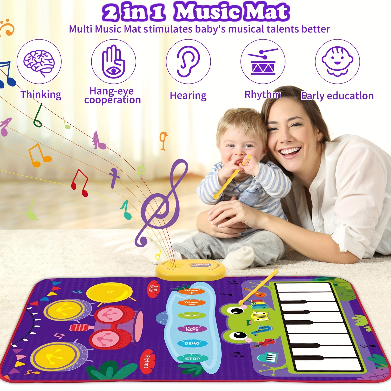 PRAGYM Regalos para niñas de 1 año, tapete de piano para bebé para niña de  1 año, tapete musical 2 en 1 con teclado y tambor, juguetes musicales