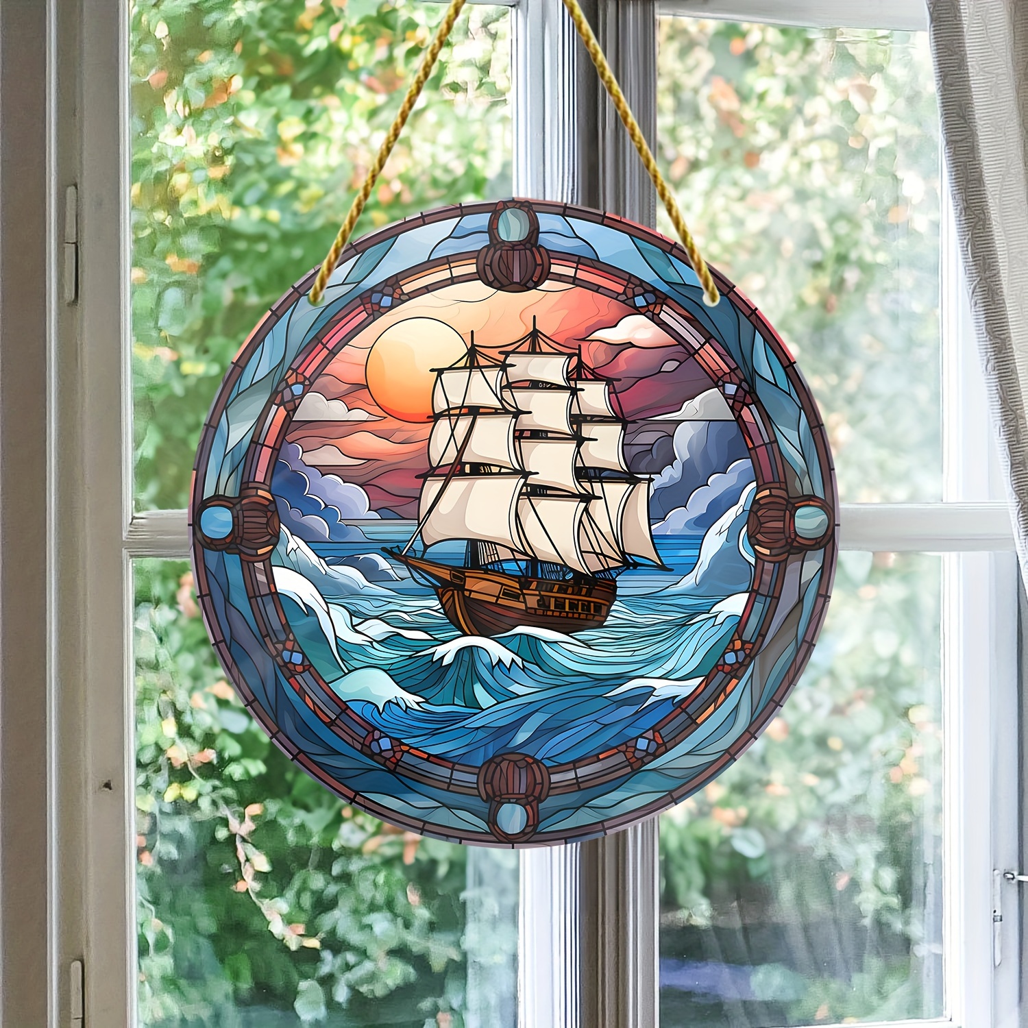 Stained Glass Pirate Ship Decoration Round Acrylic Ark - Temu Canada