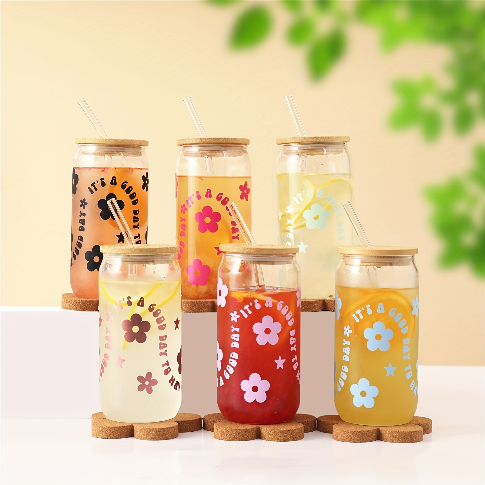 500ML Glass Cups With Lid and Straw Mason Jar Clear Juice Milk Cup With  Bamboo Lids Drinkware Simple Stripe Juice Milk Mocha Cup