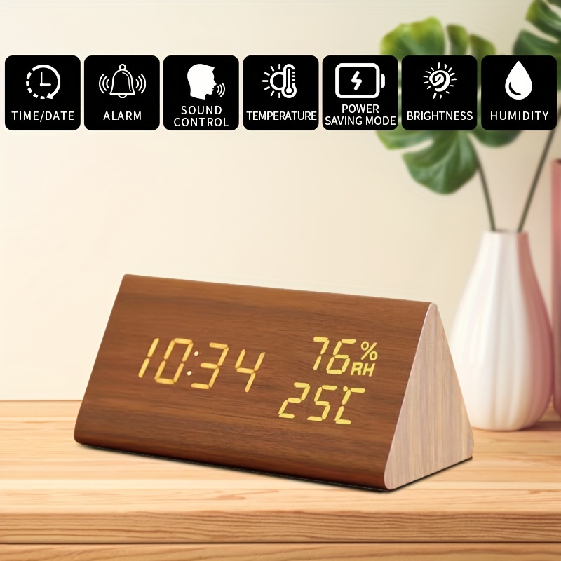 Despertador de madera moderno - Despertador de madera digital LED  Escritorio Fecha Temperatura Humedad Pantalla 12/24