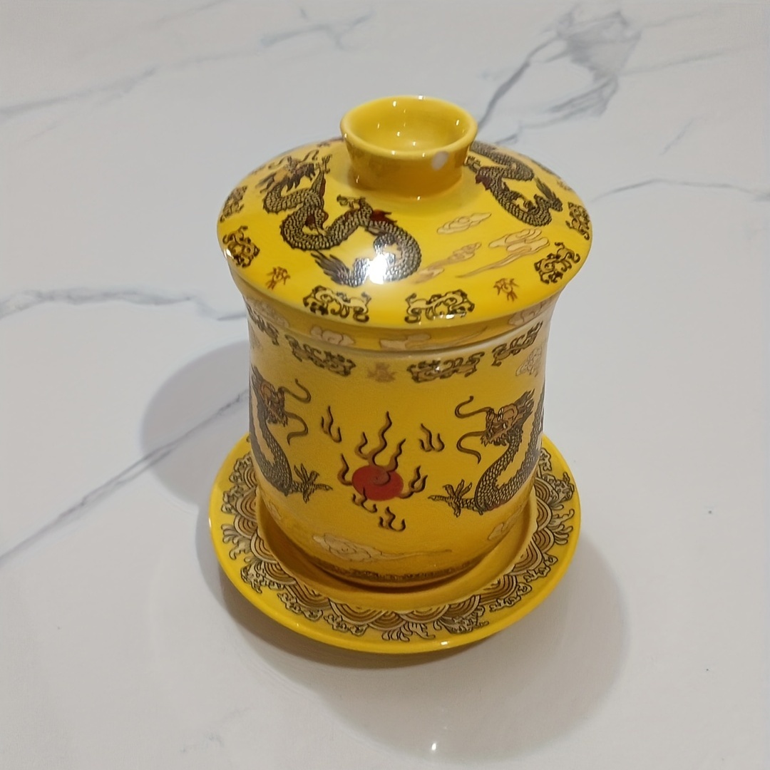 Yellow Chinese Tea Cup With Lid And Saucer