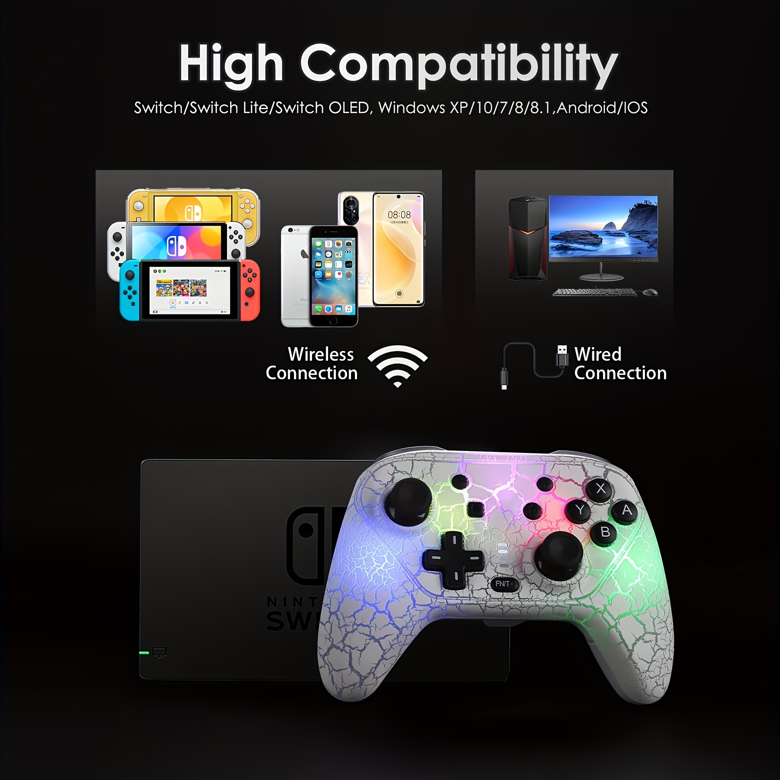 Switch Controller,Wireless Switch Pro Controllers with Crack RGB  Light,Wake-up,Programmable,Turbo Function for Nintendo Switch/ Switch Lite/  Switch