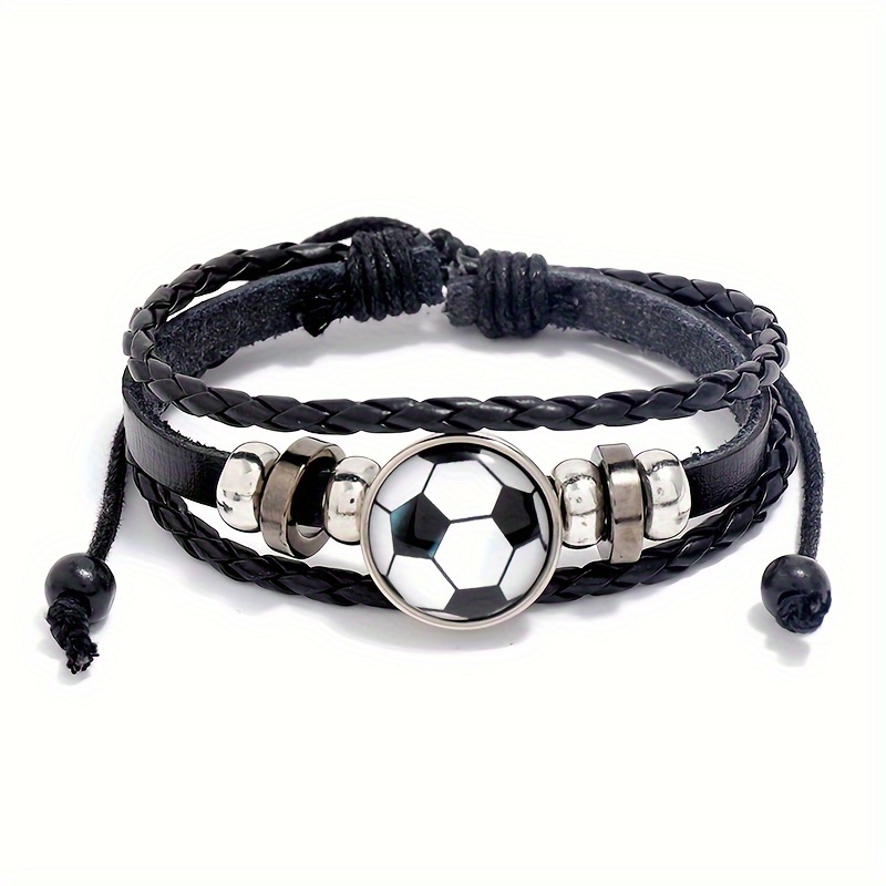 TEMU Fashionable Popular Accessories Beaded Football Fan Pu Leather Bracelet Commemorative Gift Sports Wristband, Supporter Gear, Fan Memorabilia,