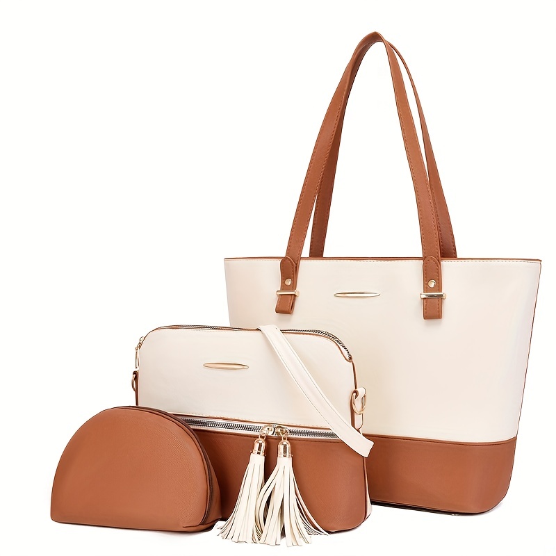 Women Fashion Synthetic Leather Handbags Tote Bag Shoulder Bag Top Handle  Satchel Purse Set 4pcs