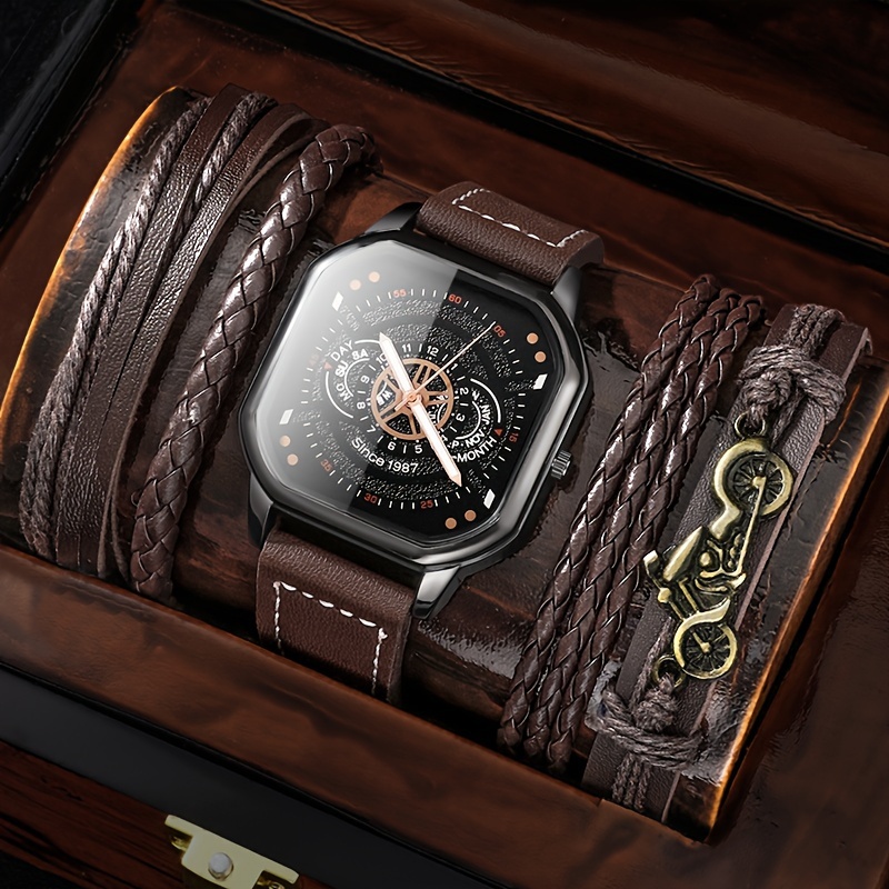 

5pcs/set Men's Fashion Quartz Watch Large Polygon Pointer Analog Retro Pu Leather Wrist Watch & Bracelets, Gift For Him