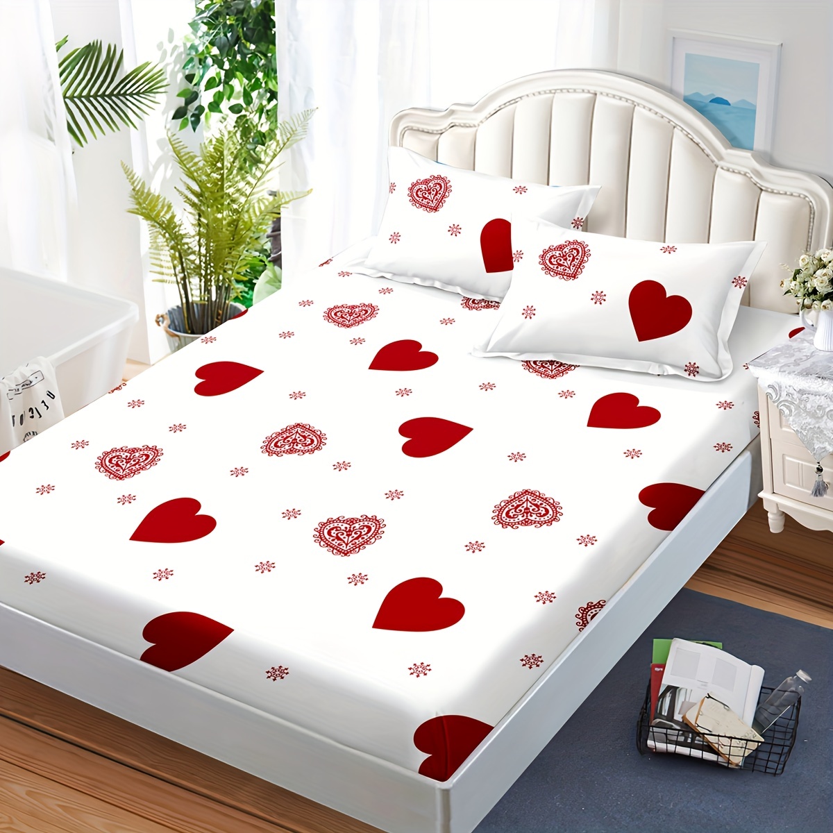 

1pc Fitted Sheet (without Pillowcase), Red Heart Print Bedding Sheet For Bedroom Guest Room Hotel, Without Pillowcase, Fitted Sheet Only