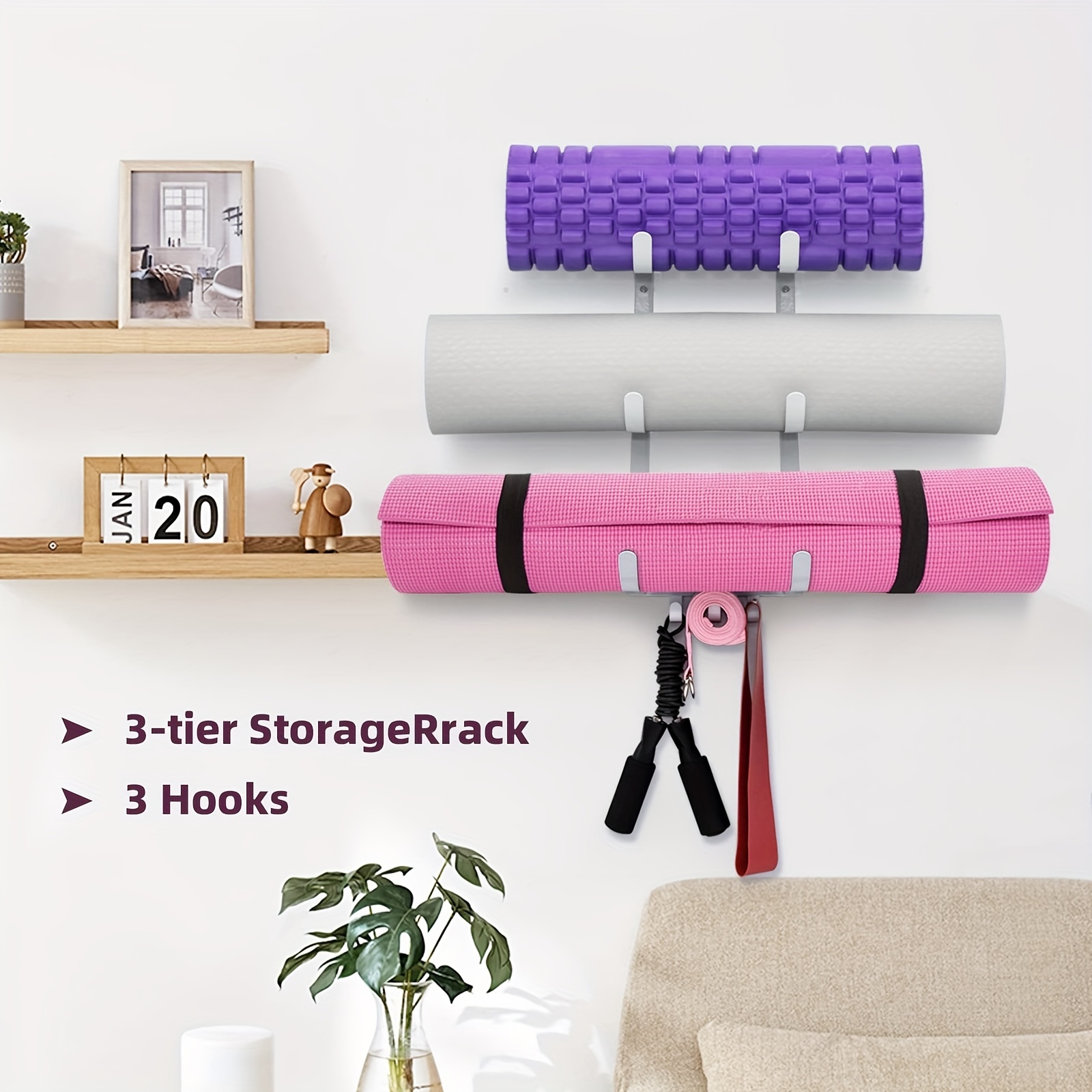 UMINEUX Yoga Mat Holder Wall Mount, Wall Rack for Home Gym Decor, Gym  Equipment Organizer with 3 Hooks for Hanging Yoga Strap, Resistance  Bands(White) : : Sports, Fitness & Outdoors