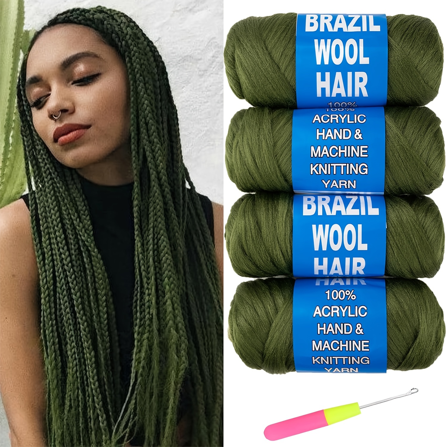 5 Roll Natural Black Brazilian Wool Hair Acrylic Yarn for African Synthetic Crochet Hair Jumbo Braids Senegalese Twisting Knitting Hair Braids Faux
