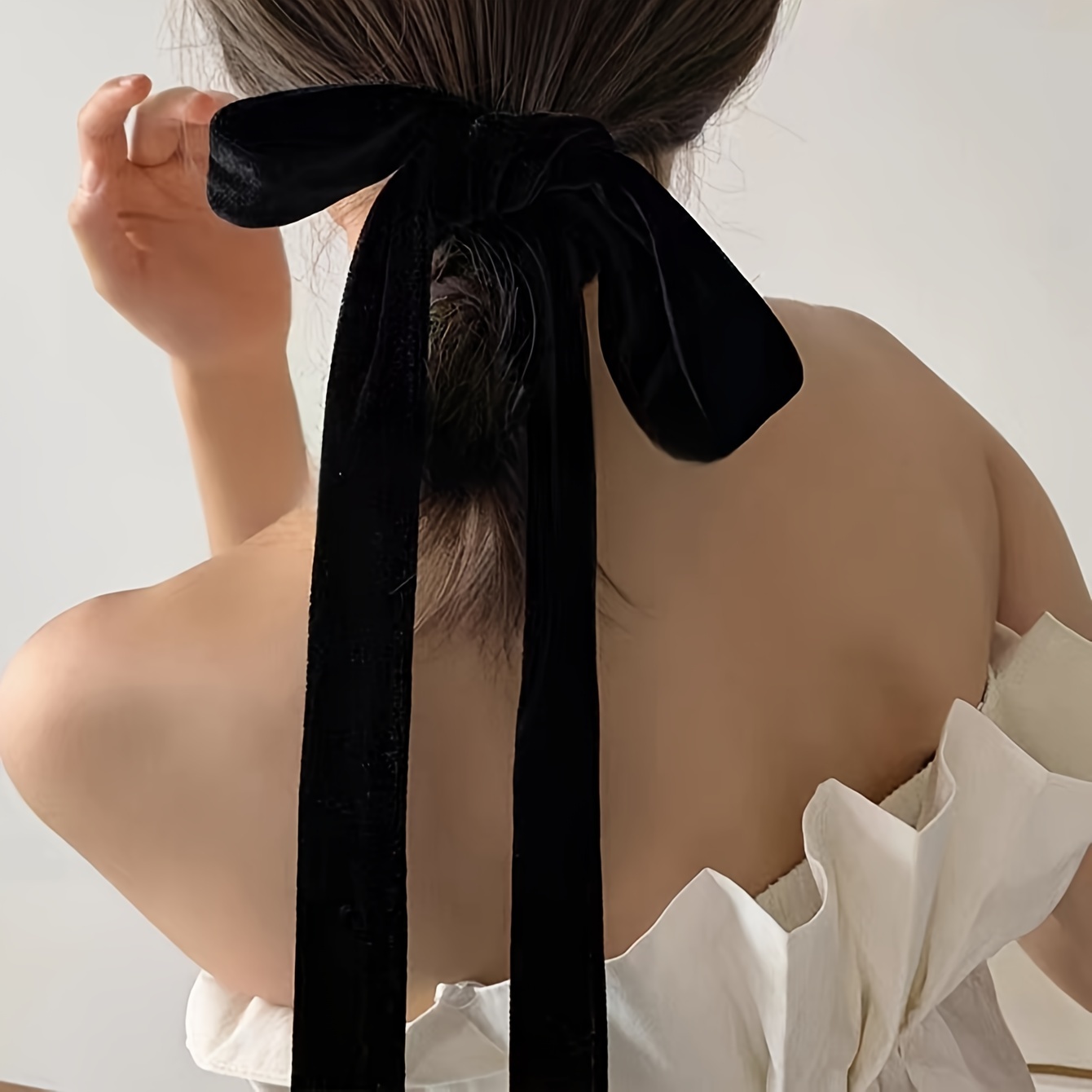 Bow Hair Ribbon Vintage Black Velvet Scrunchie Women Long Elastic