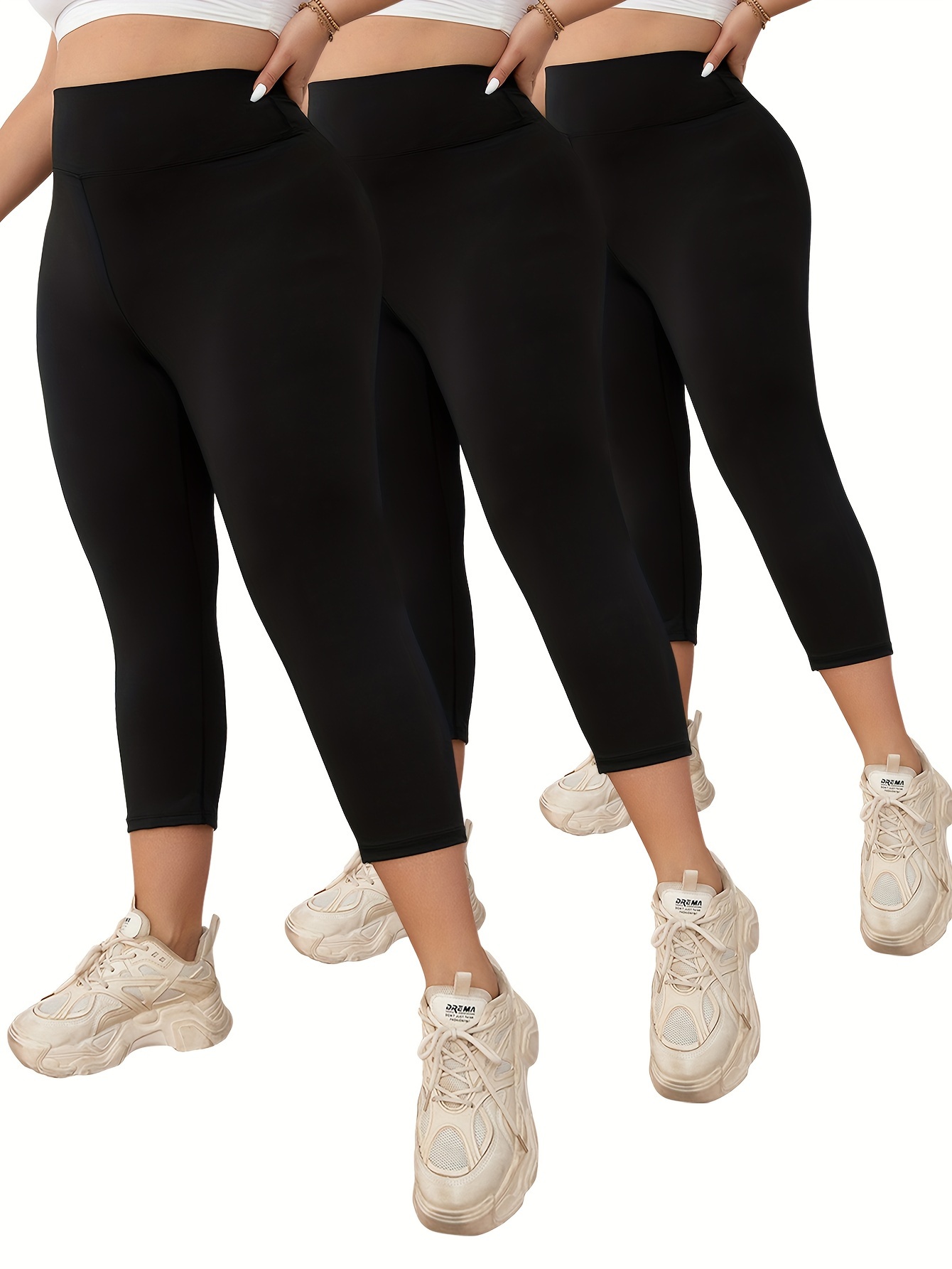 3 Pack Plus Size Sports Leggings Set, Women's Plus Solid High Waist Active  Capri Yoga Pants Three Piece Set
