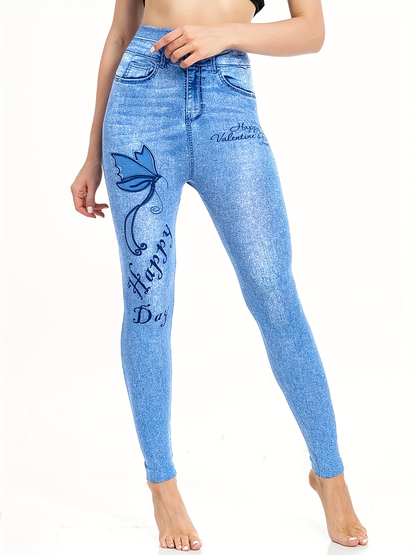 Blue Butterfly Print Faux Denim Jeans Leggings For Women Slim Fitness Jeans  Trousers For Ladies With Elastic Seamless Design YM8267 From Whosalechina,  $10.76