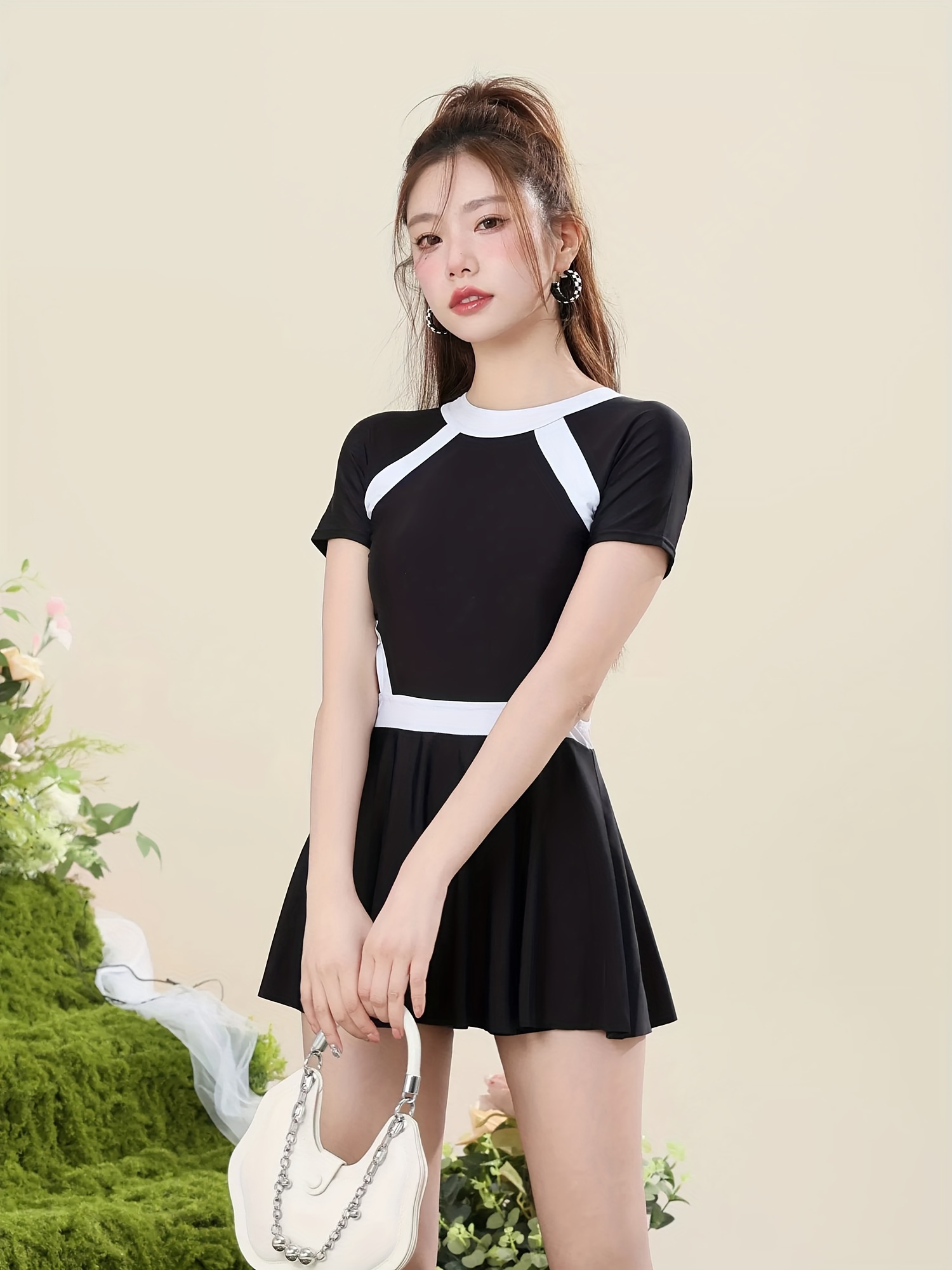 Contrast Trim Cut Short Sleeve Swimsuit Backless - Temu