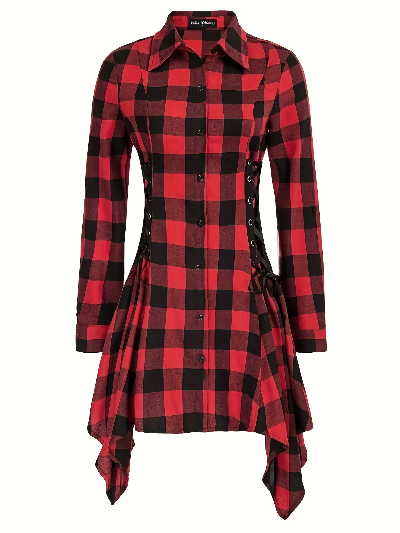 Womens Red Plaid Dresses Button-Down Long Sleeve Irregular Flare