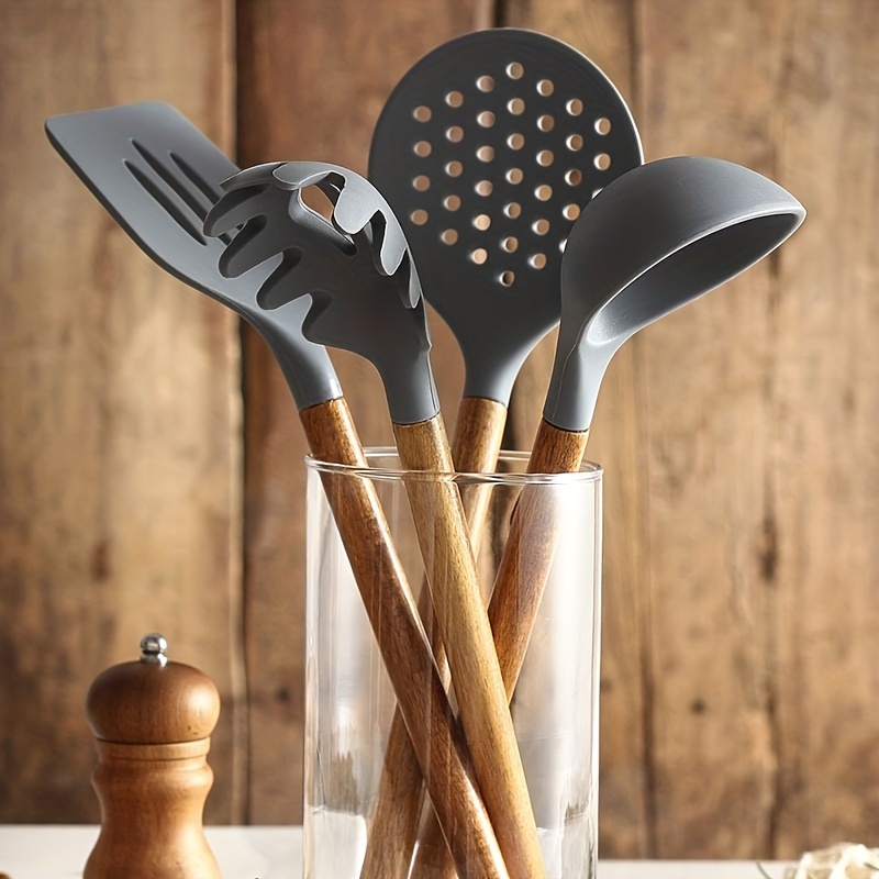 AJOYOUS 12Pcs Khaki Silicone Cooking Utensils Set Non-Stick Spatula Shovel  Wooden Handle Cooking Tools Kitchen Tools Ser