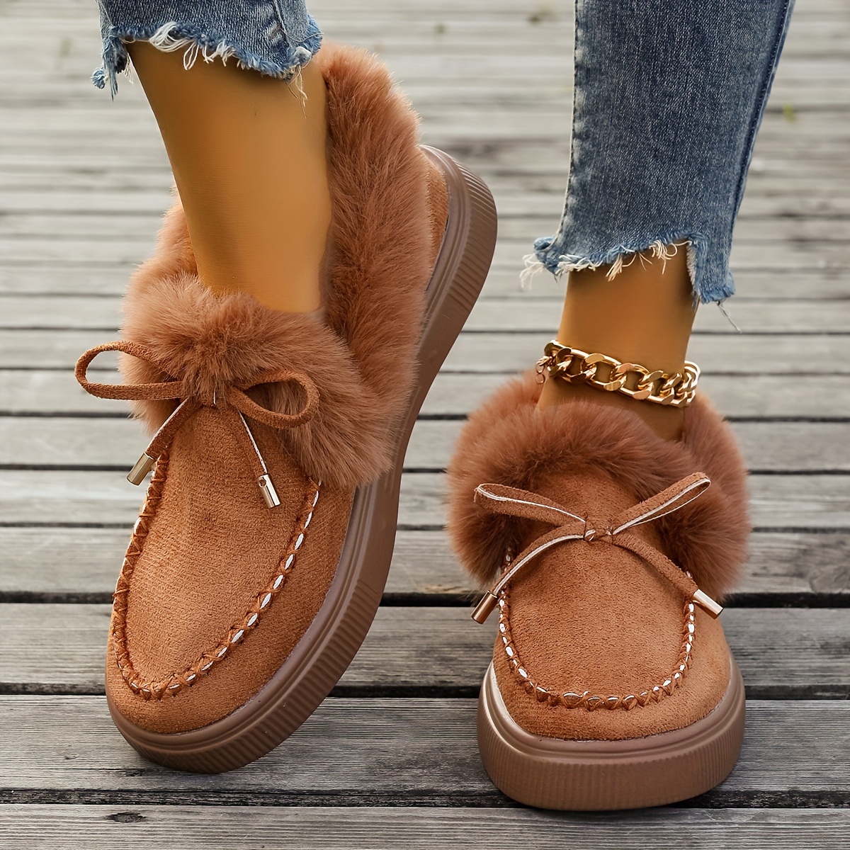 womens solid color bowknot decor snow boots casual slip on plush lined boots comfortable ankle boots 36 dark brown 13