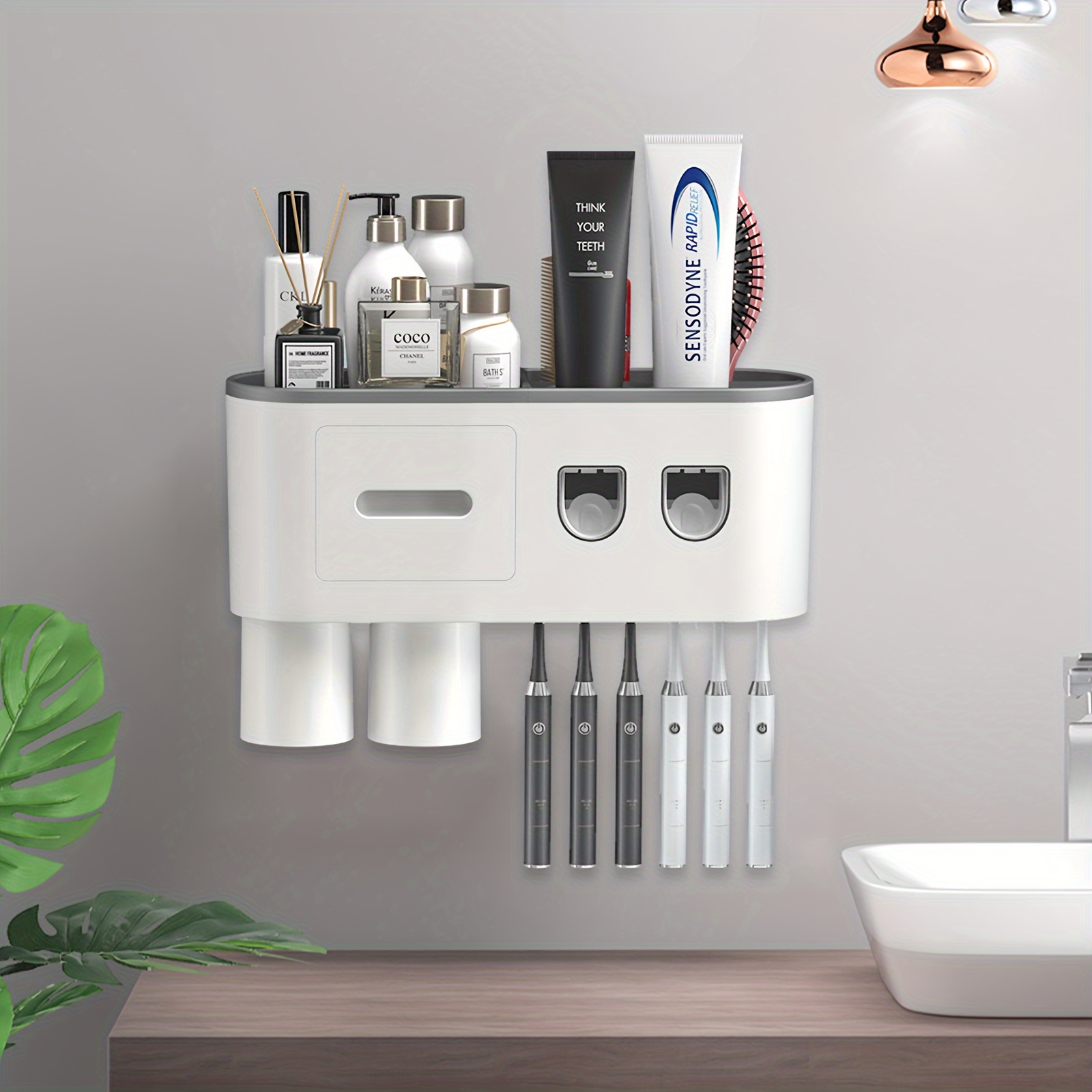 wall mounted toothbrush holder with automatic dispenser 6 slots magnetic cups cosmetic drawer storage tray sleek black bathroom organizer details 0
