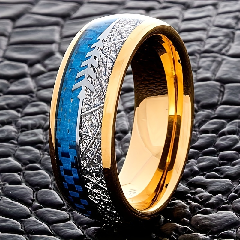 1pc fashionable and luxurious mens imitation blue carbon fiber ring imitation meteorite arrow golden 8mm stainless steel wedding ring mens engagement ring 0