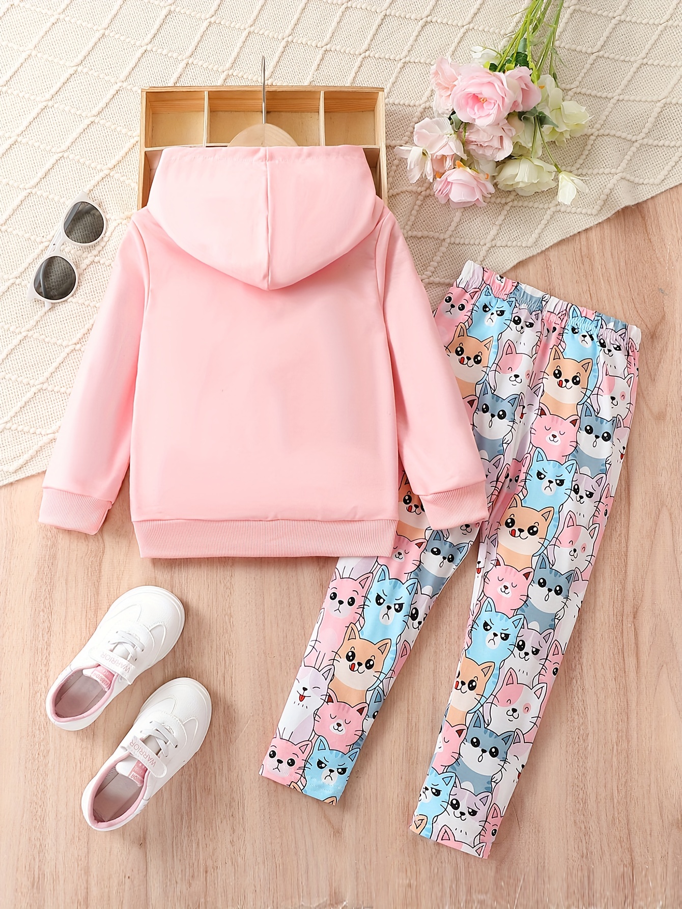Girls Cute Kitten Graphic Set Hoodies Pocket + Pants Kids - Temu