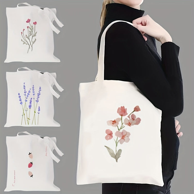Flower Strawberry Print Canvas Tote Bag, Large Capacity Stylish