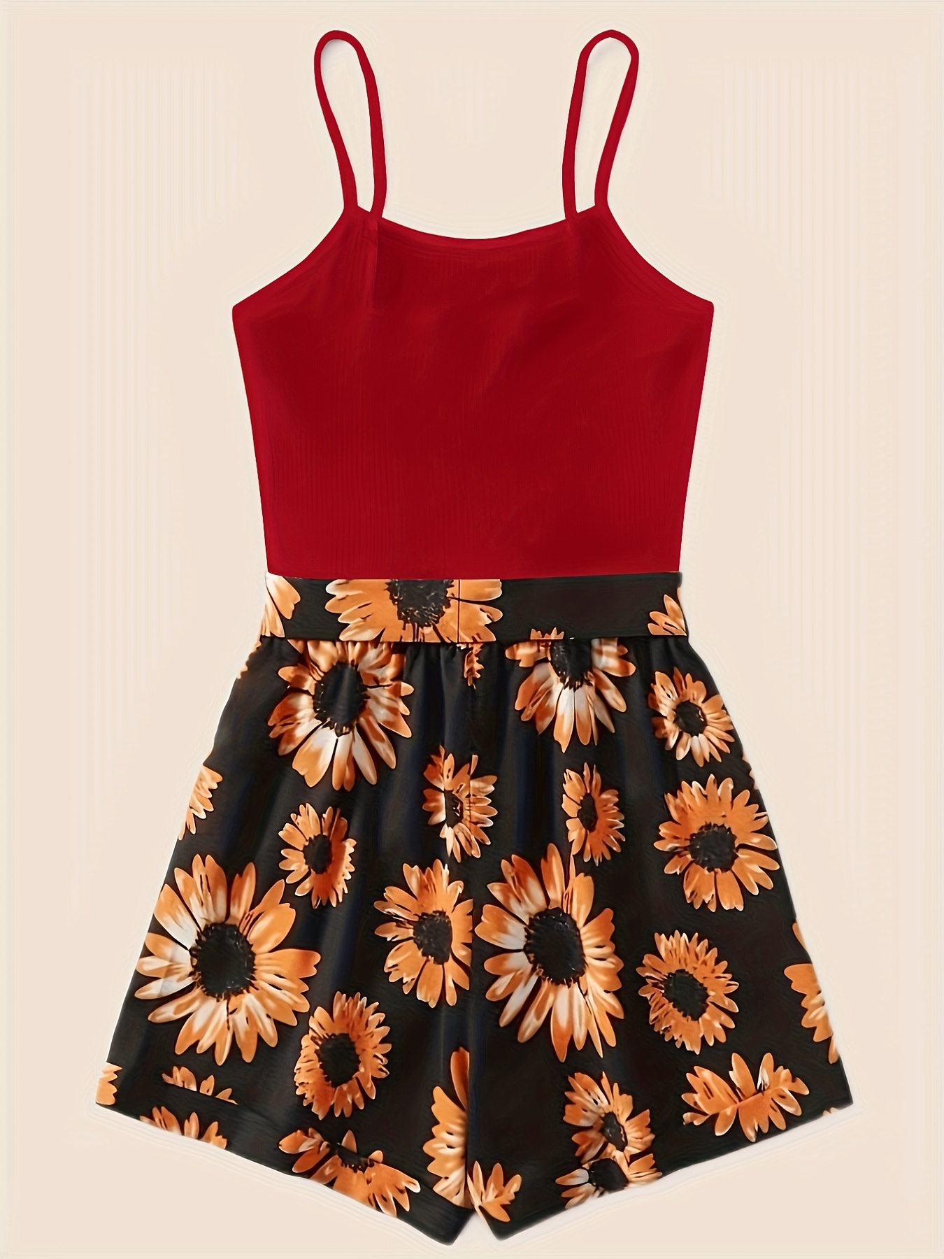 Spring & Summer 2pc Set Spaghetti Top & Floral Shorts Women's Clothing