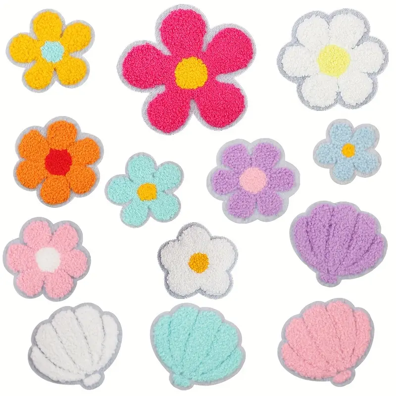 13pcs Chenille Flower Cloth Sticker Iron On Flower Patches Sew On  Embroidered Patch DIY Applique For Jeans Jackets Bag Hat Clothing Shoes