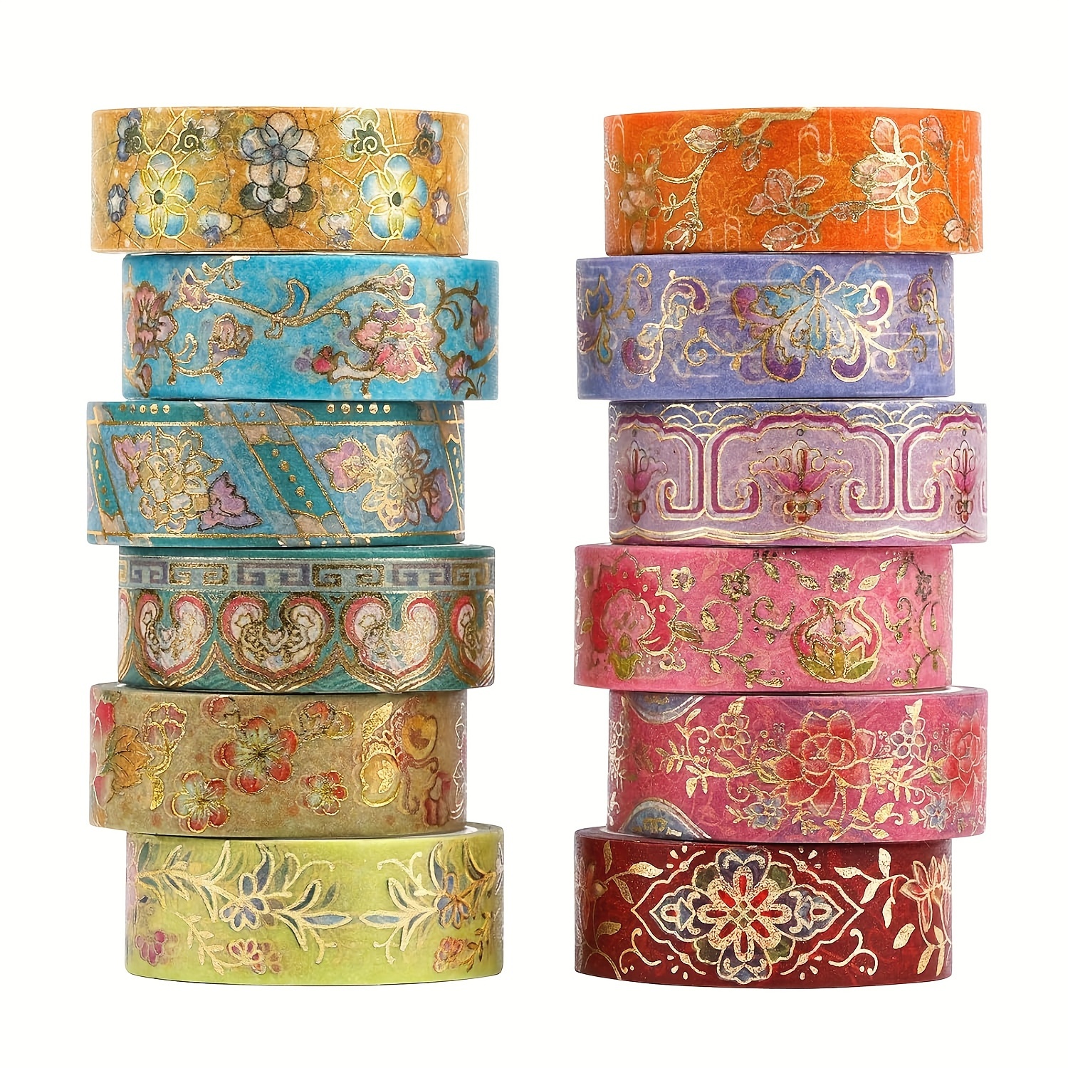 

12pcs Washi Tape Set, 12 Rolls Vintage Masking Tape, Golden Foil Decorative Tape, 5m/16.4ft Long Glitting Oriental Aesthetic Journaling Supplies For Planner, Bujo, Artistic Projects - 15mm