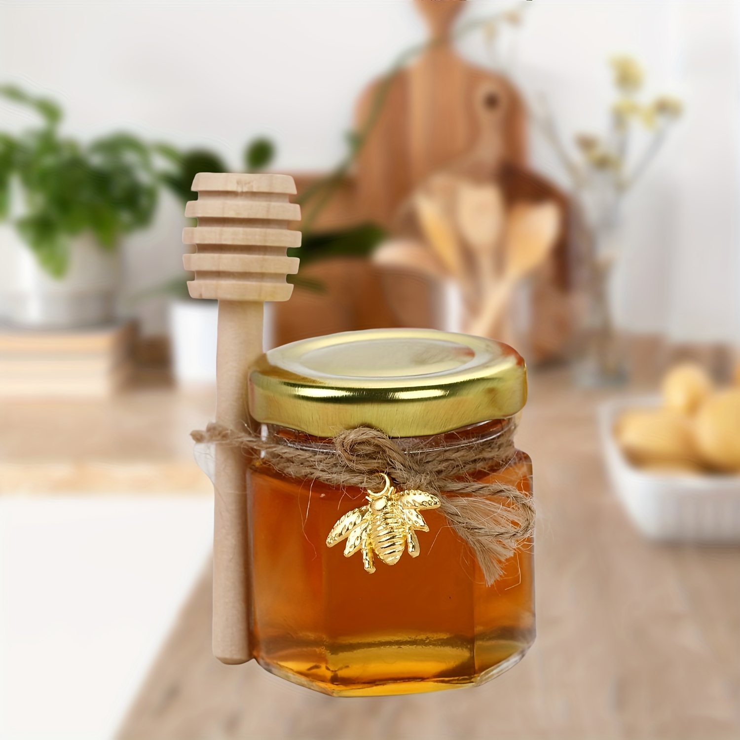 Mini tarros hexagonales de miel de 1.5 onzas, paquete de 30 tarros de miel  con tapa dorada, colgantes de abeja, yutes, perfectos para baby shower