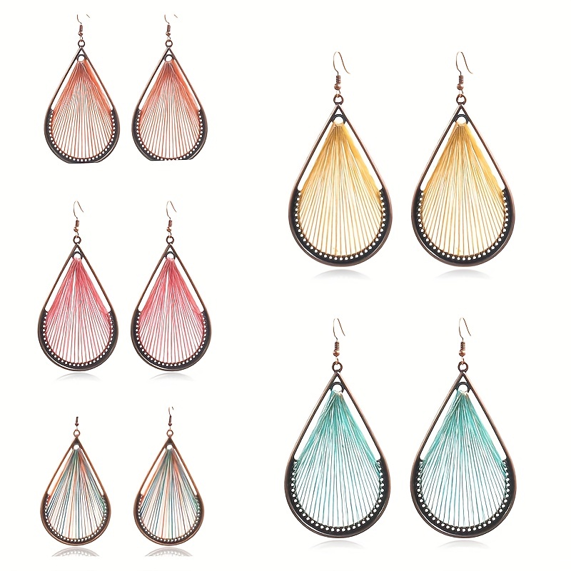 Handmade Ethnic Bohemian Style Dangle Earrings With Golden Silk Thread Hollow Design Unique Female Ear Ornaments