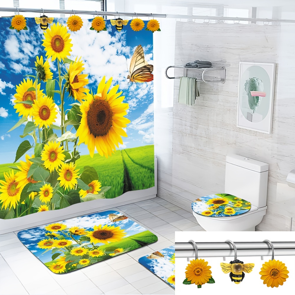 Sunflower Bee Decorative Shower Curtain Hooks Curtain Shower - Temu