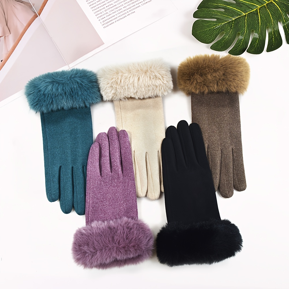 

Stylish Plush Cuff Gloves Elegant Solid Color Thick Warm Touchscreen Gloves Autumn Winter Coldproof Split Finger Gloves