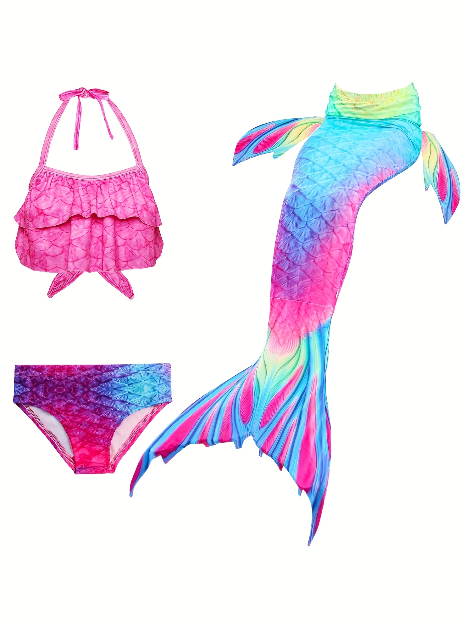 Fish Scales Print Bikini Set Triangle Bra & Bikini Bottom & Mermaid Tail Cover  Up Skirt 3 Piece Bathing Suit