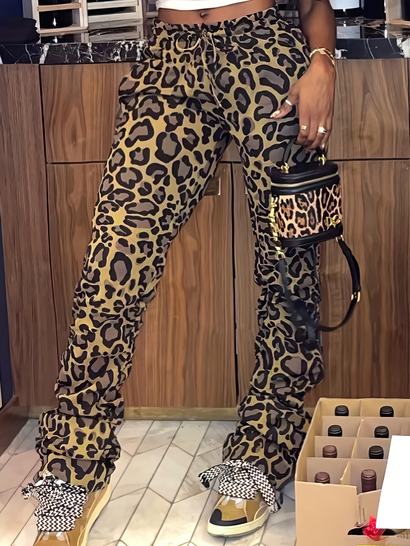 Leopard Print Paper Bag Waist Cropped Pants, Casual Elastic Waist Belted  Pants, Women's Clothing