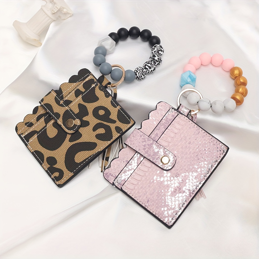1pc Women Silicone Beads Bracelet Keychain With ID Holder Wallet
