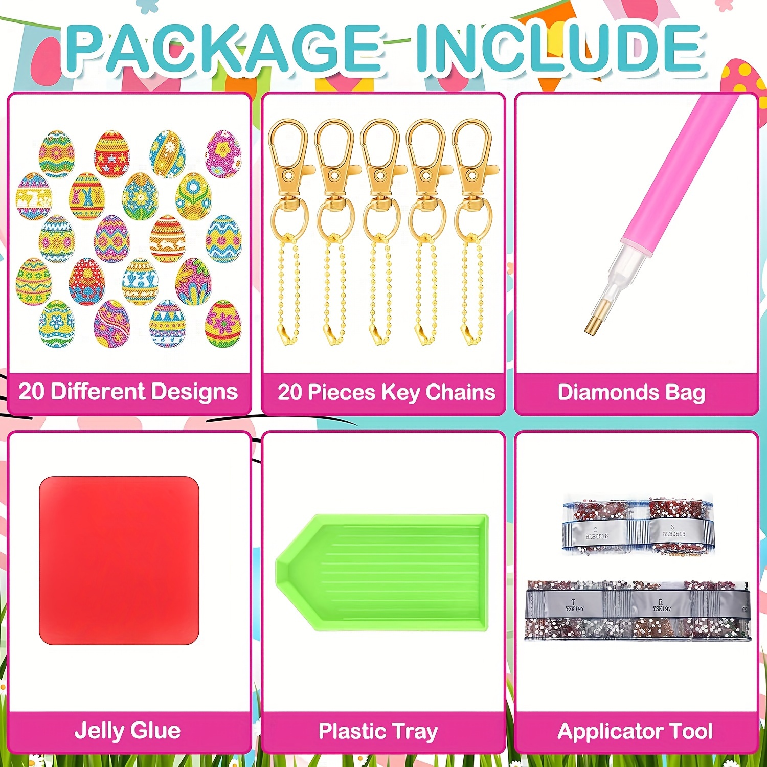 Value Pack 20pcs Easter Diamond Painting Keychain Kit With Tools