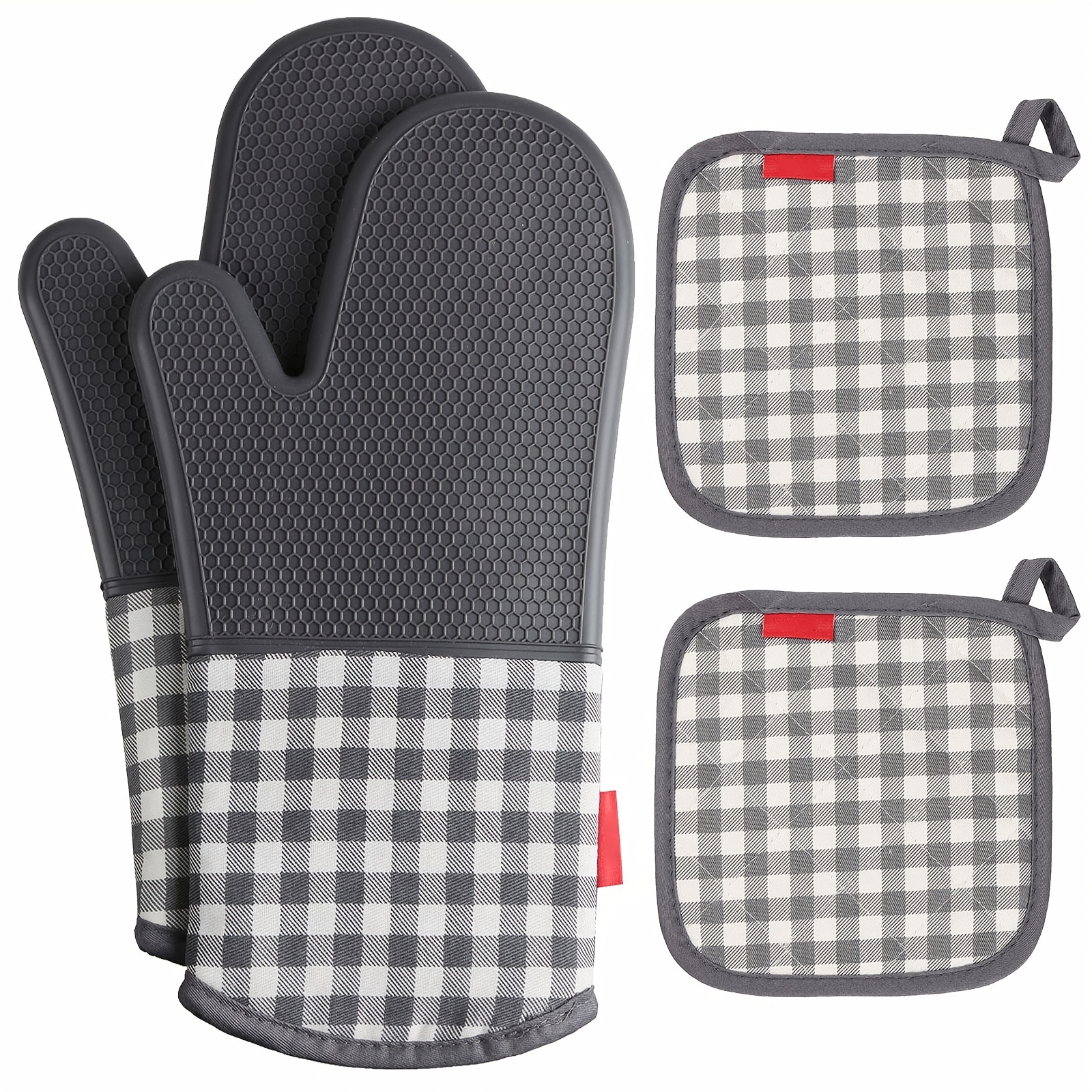 Heat Resistant Silicone Oven Gloves Non-Slip Oven Mitts + 2 Cotton Pot  Holders for Kitchen Cooking Baking Grilling Barbecue