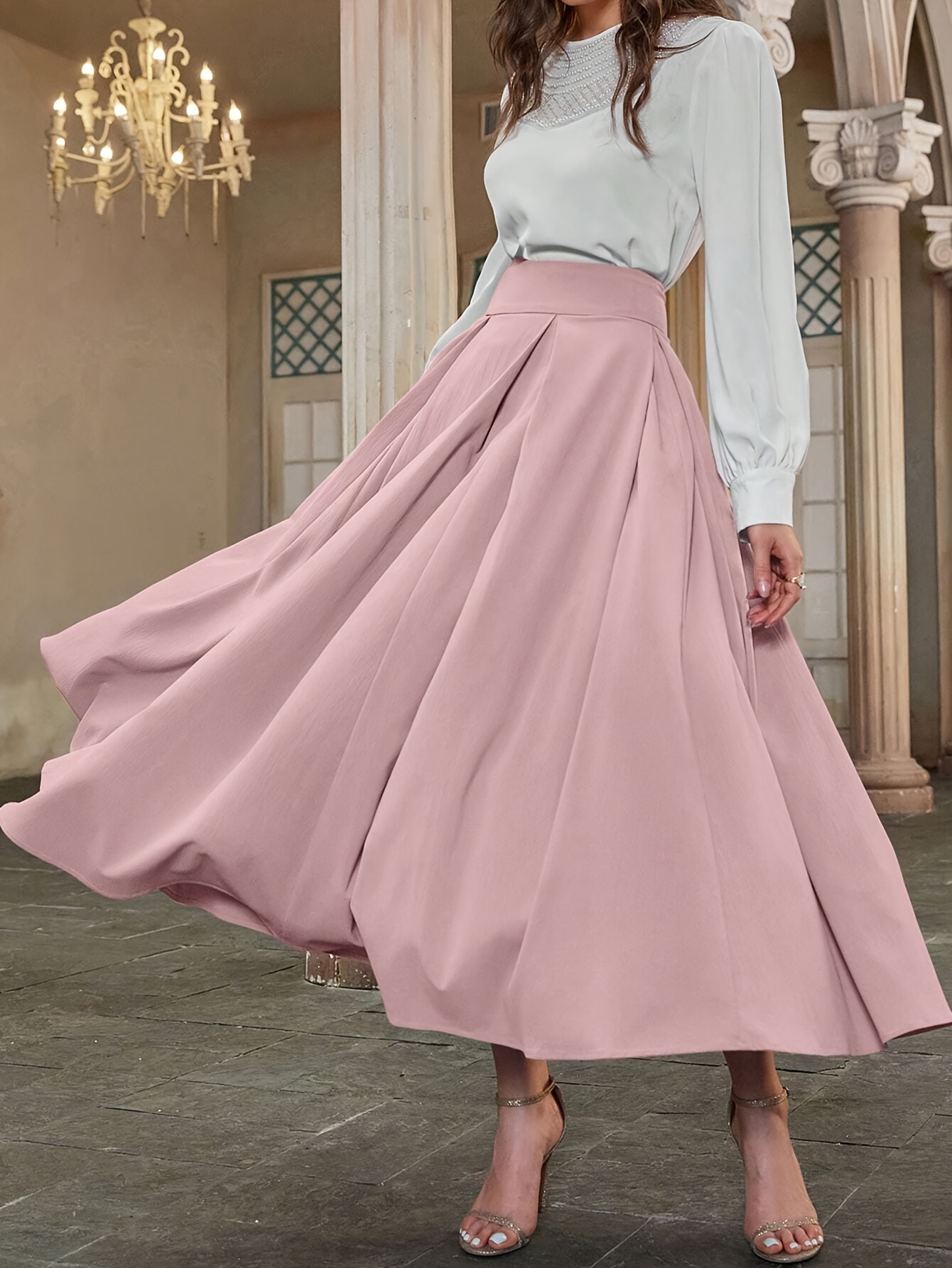 Falda Plisada Color Liso Falda Elegante Cintura Alta - Temu