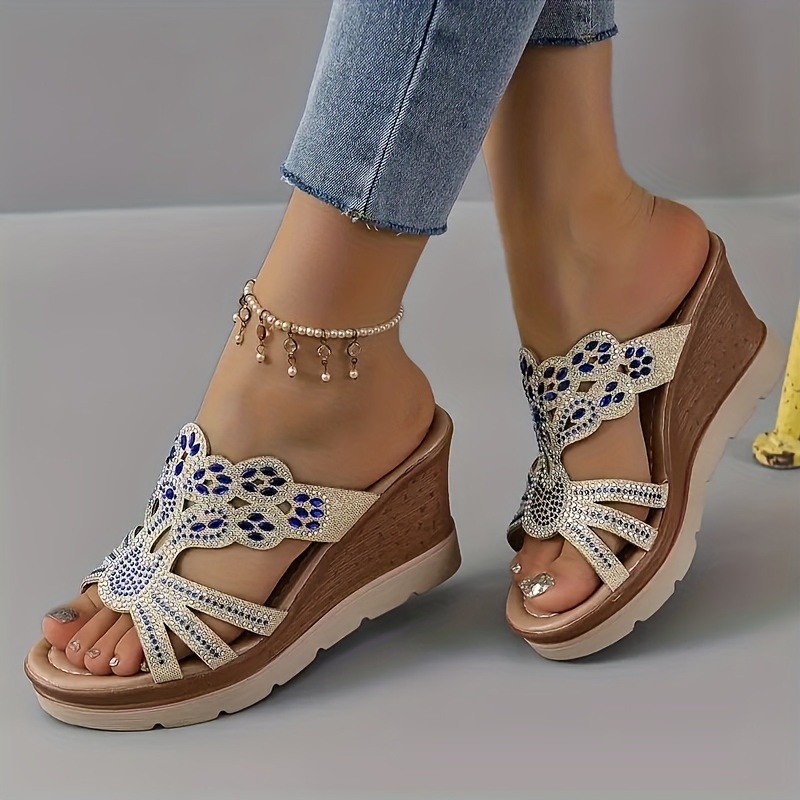 Women's Floral Print Wedge Sandals, Stylish Ribbon Details Platform  Sandals, Fashion Dressy Shoes