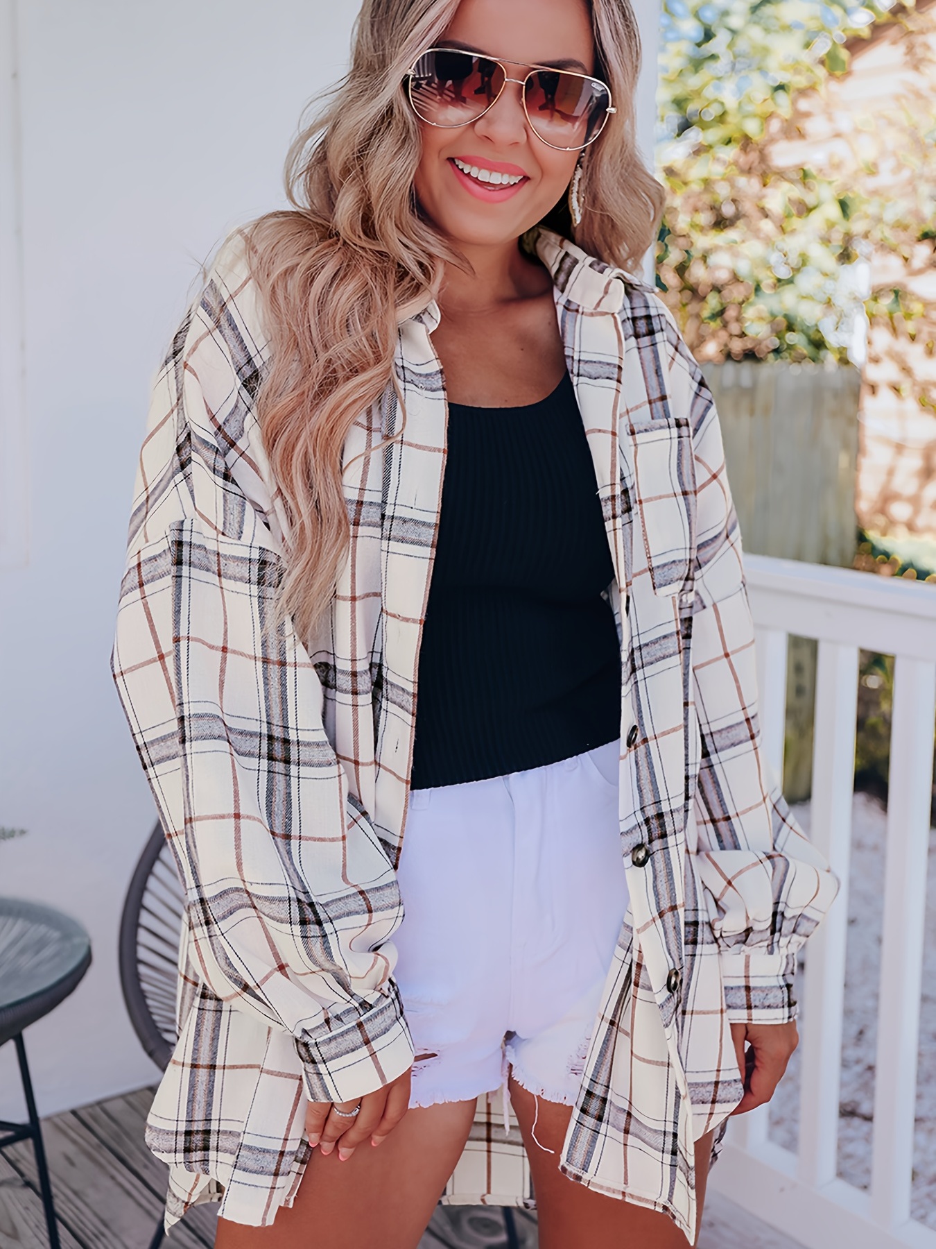 White Plaid Shacket, Side Split Button Up Casual Shirt Jacket For Spring &  Fall, Women's Clothing