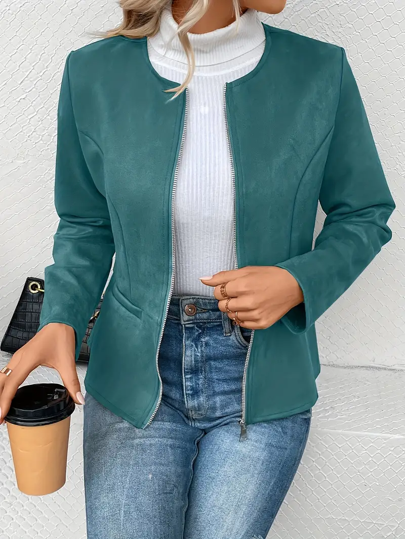 plus size elegant jacket womens plus solid long sleeve zip up round neck jacket details 9