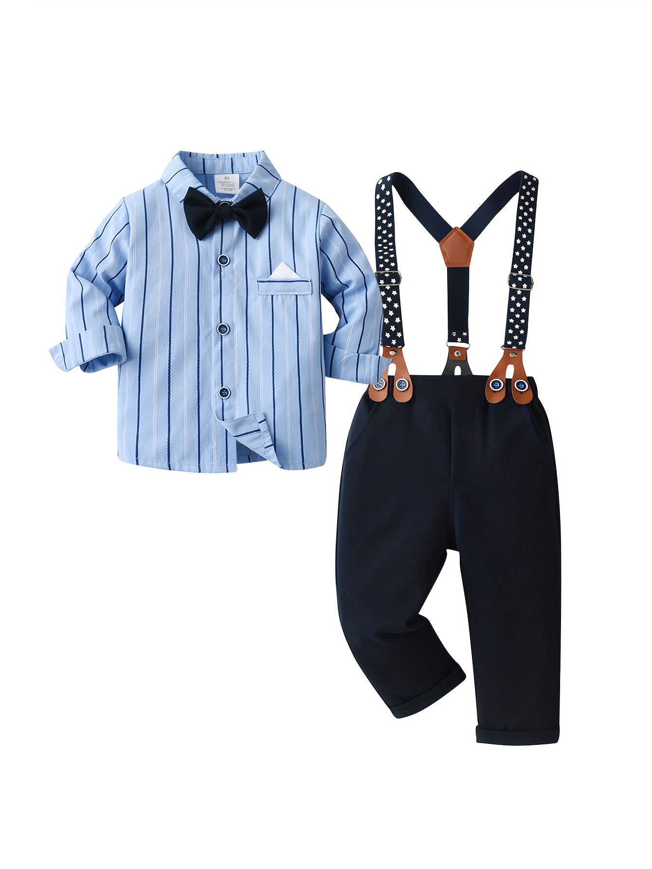 Ensemble bébé garçon bleu et blanc - Pantalon, chemise et bretelles